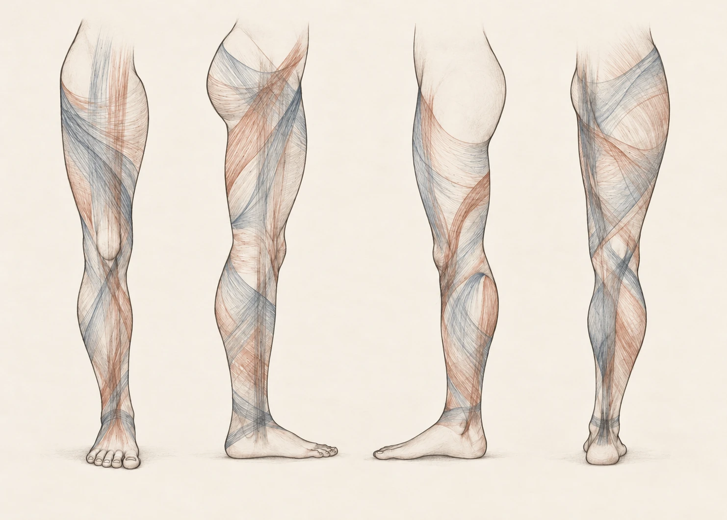 Four illustrated views of the connective tissues of the lower limb.